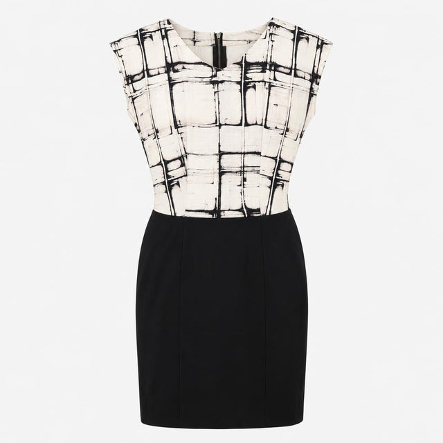 Dress Black White Abstract Print Cap Sleeve Round 