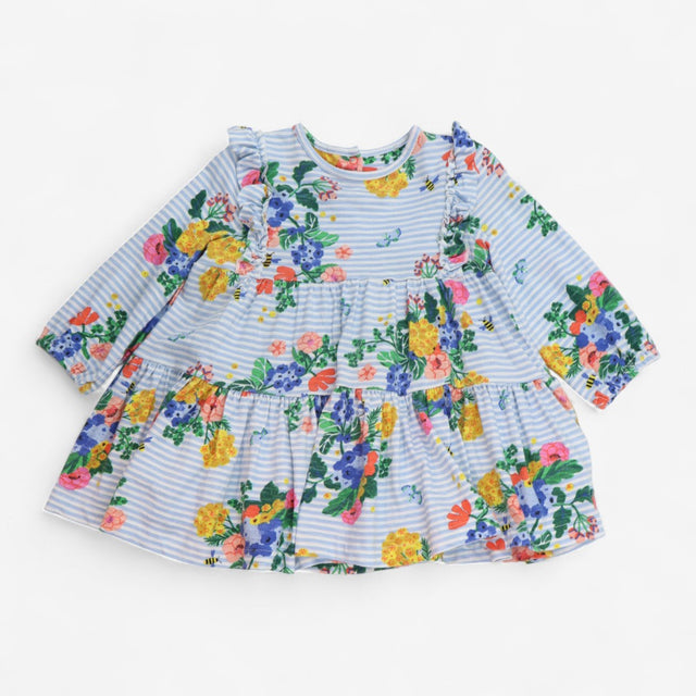 Dress blue stripe LS floral frill shoulder