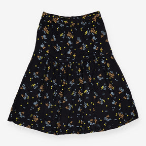 Midi Skirt Black Abstract Floral Print Tiered