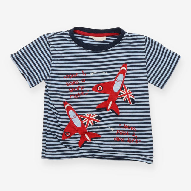 T-Shirt Short Sleeve Striped Aeroplane Print Navy 