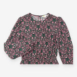 Midi Dress Navy Pink Floral Print Long Sleeve Gath