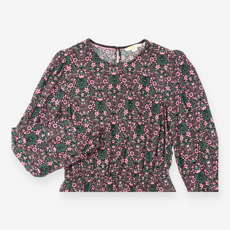Midi Dress Navy Pink Floral Print Long Sleeve Gath