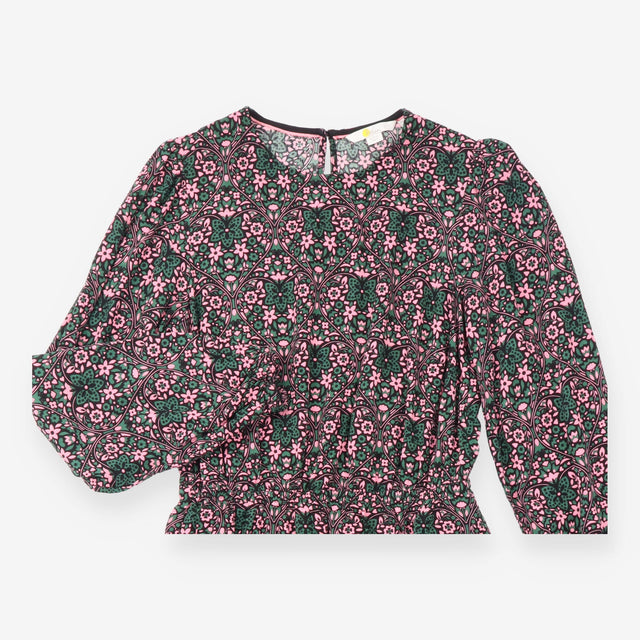 Midi Dress Navy Pink Floral Print Long Sleeve Gath