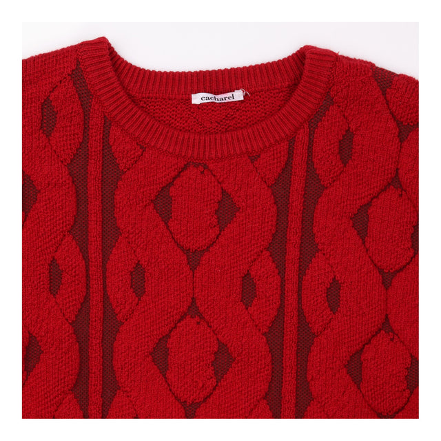Jumper Red Cable Knit Wool Cotton Crewneck