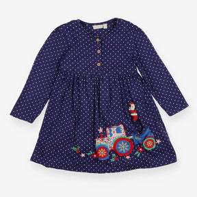 Dress Blue White Spots Applique Christmas Tractor 
