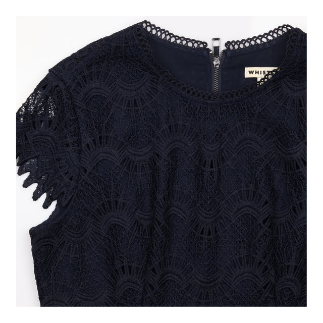 Dark Navy All Over Lace Scalloped Short Sleeve Lin