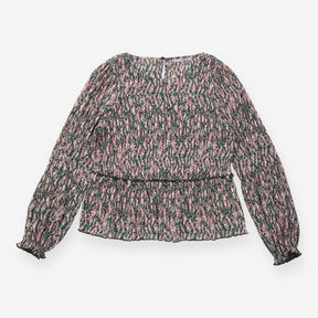 Blouse Pink Green Floral Print Pleated Long Sleeve