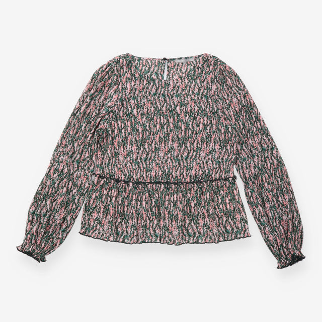 Blouse Pink Green Floral Print Pleated Long Sleeve