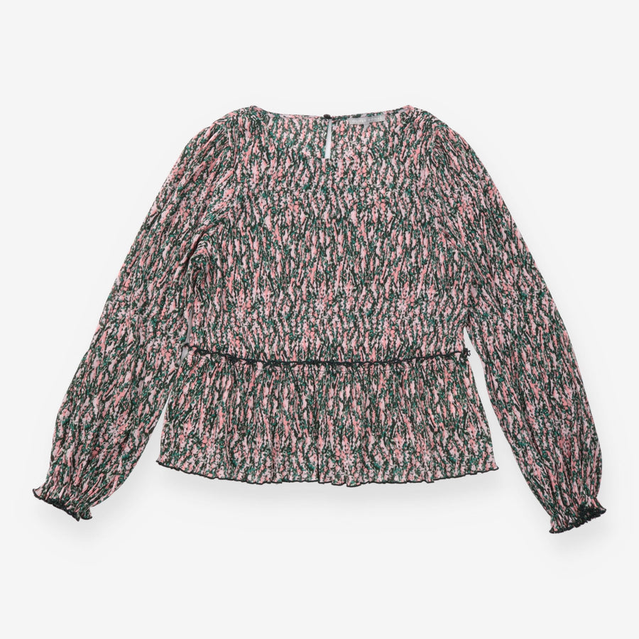 Blouse Pink Green Floral Print Pleated Long Sleeve