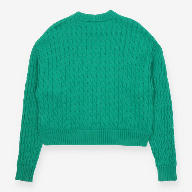 Cable Crew Sweater Green with Ribbed Collar