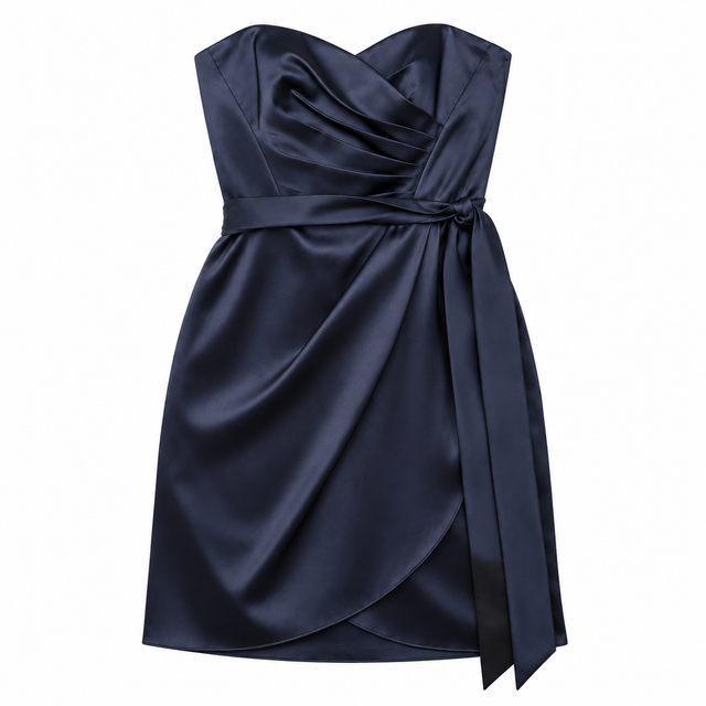 Navy Satin Draped Strappy Bridesmaid Dress
