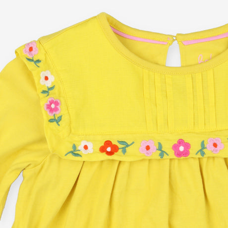 Dress Long Sleeve yellow embroidery yolk pintucks