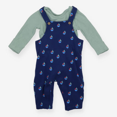 Dungaree Navy with Boats and Green Bodysuit
