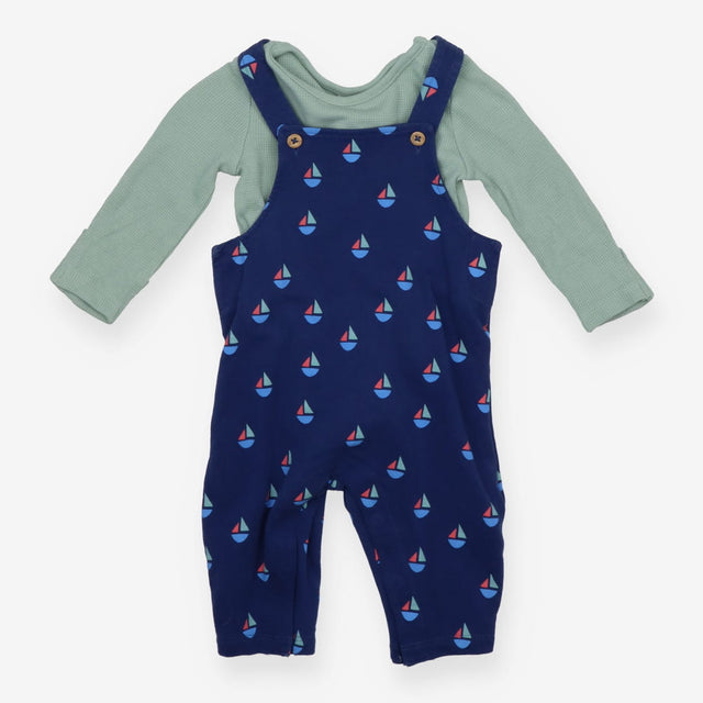 Dungaree Navy with Boats and Green Bodysuit