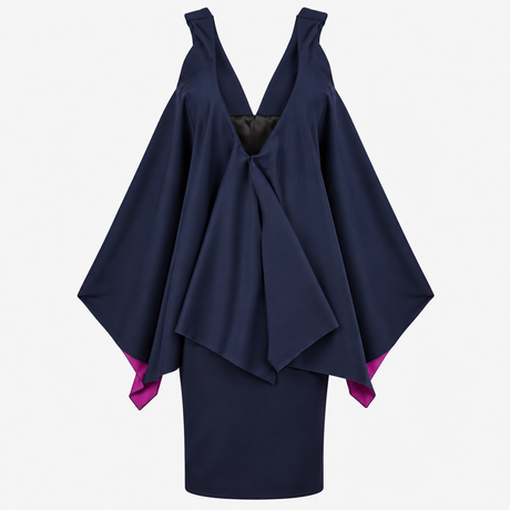 Navy V Neck Cape Overlay Occasion Dress