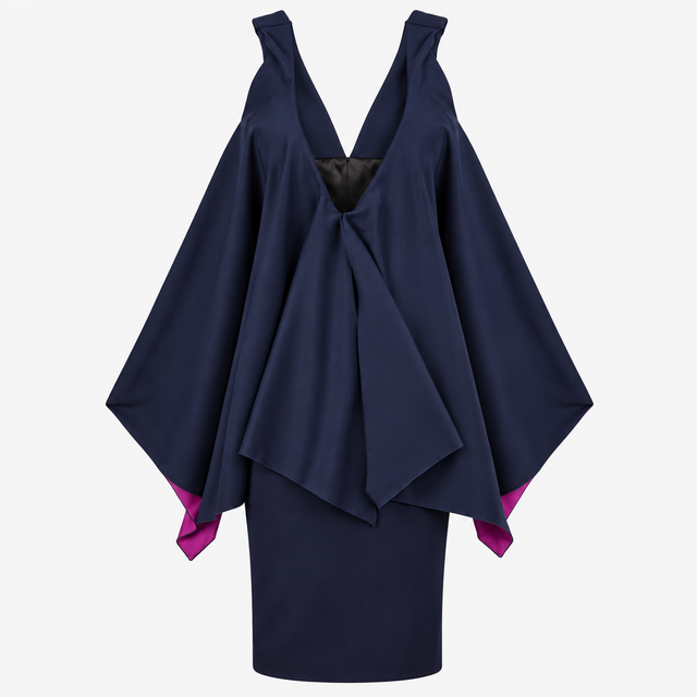Navy V Neck Cape Overlay Occasion Dress