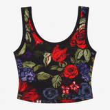 Vest Top Black Floral Organic Cotton Cropped Ribbe