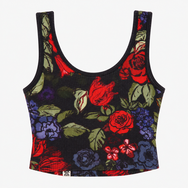 Vest Top Black Floral Organic Cotton Cropped Ribbe