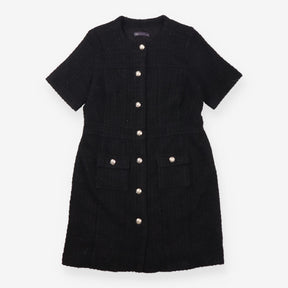 Mini Dress Black Bouclé Gold Button Short Sleeve