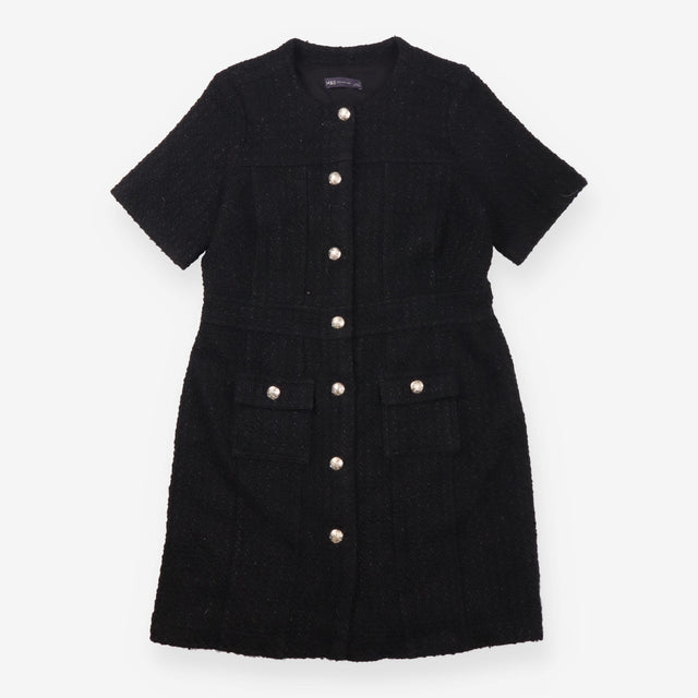 Mini Dress Black Bouclé Gold Button Short Sleeve