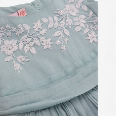 Dress blue embroidered flowers tie belt