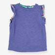 t-shirt purple with multi coloured pom sleeves