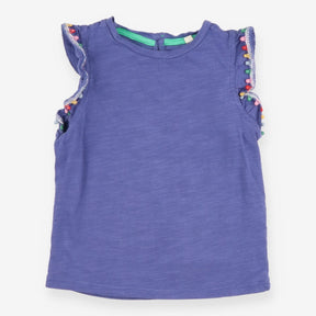 t-shirt purple with multi coloured pom sleeves