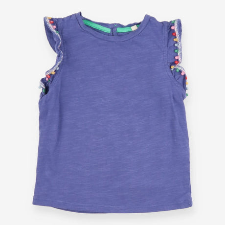 t-shirt purple with multi coloured pom sleeves