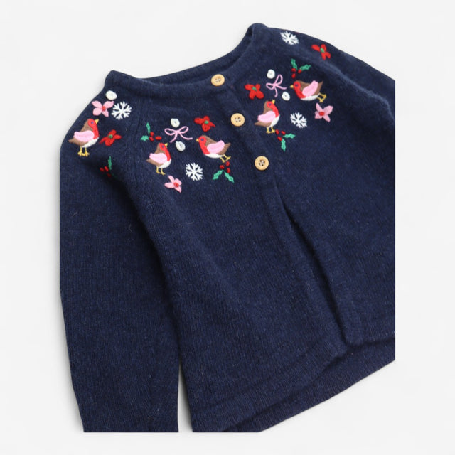 Knit cardigan navy festive robins 