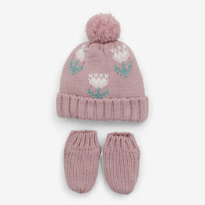 Pink Knit Bobble Hat & Mittens