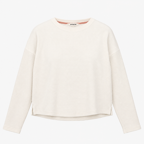 Waffle Knit Long Sleeve Thermal Crew Neck Top Whit