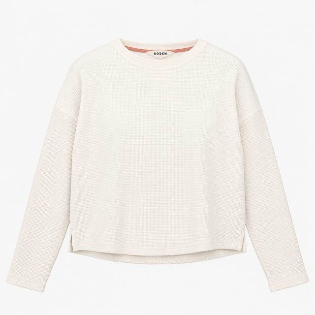 Waffle Knit Long Sleeve Thermal Crew Neck Top Whit