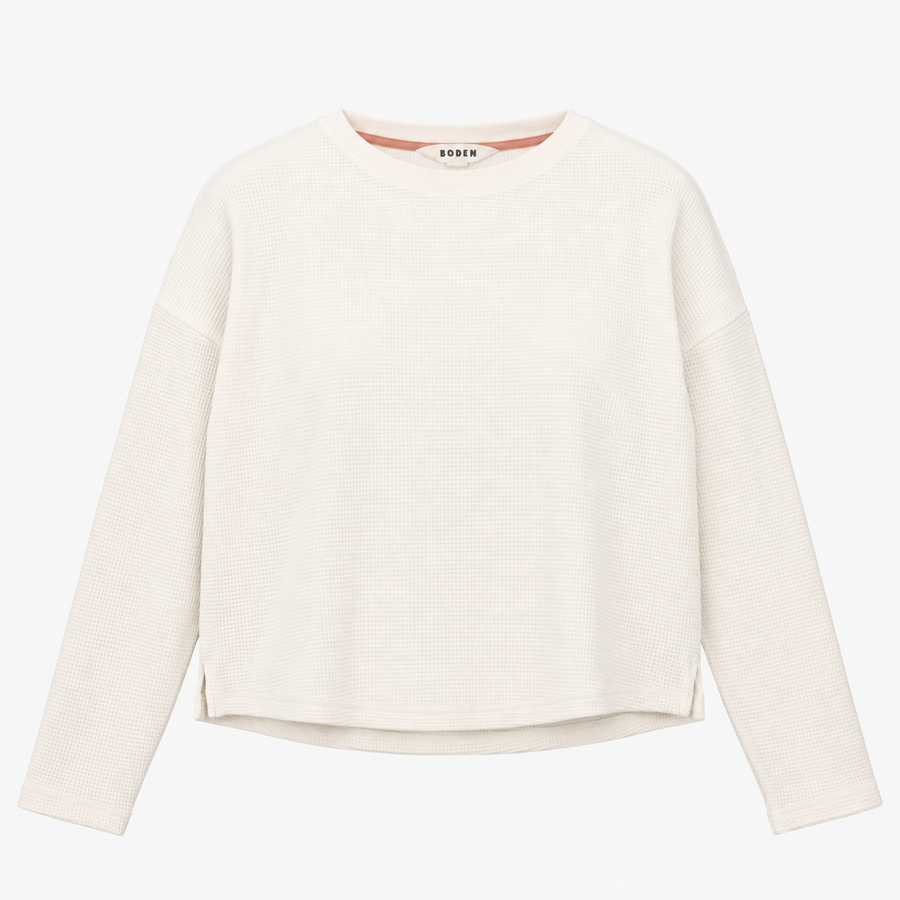 Waffle Knit Long Sleeve Thermal Crew Neck Top Whit