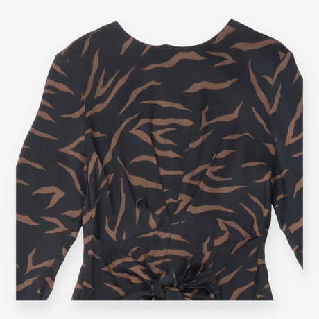 Black Tan Abstract Print Long Sleeve Wrap Midi Dre