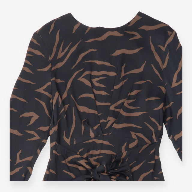 Black Tan Abstract Print Long Sleeve Wrap Midi Dre