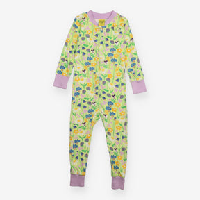 Sleepsuit green flowers lilac cuffs