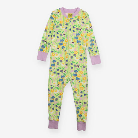 Sleepsuit green flowers lilac cuffs
