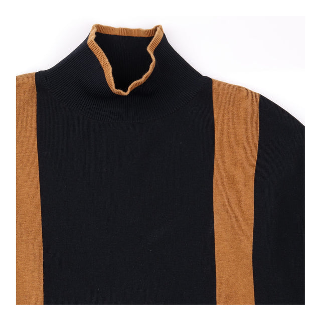 Knit Sweater Black Camel Stripe High Neck Long Sle