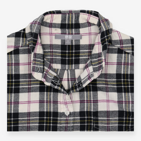 Checked Flannel Shirt Cream Pintuck Long Sleeve
