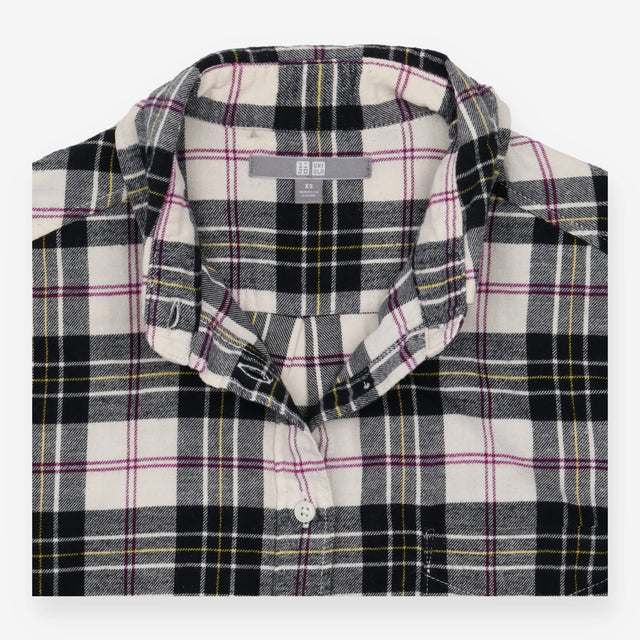 Checked Flannel Shirt Cream Pintuck Long Sleeve