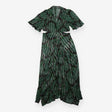 Midi Dress Black Green Peacock Print Draped Waist