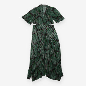 Midi Dress Black Green Peacock Print Draped Waist