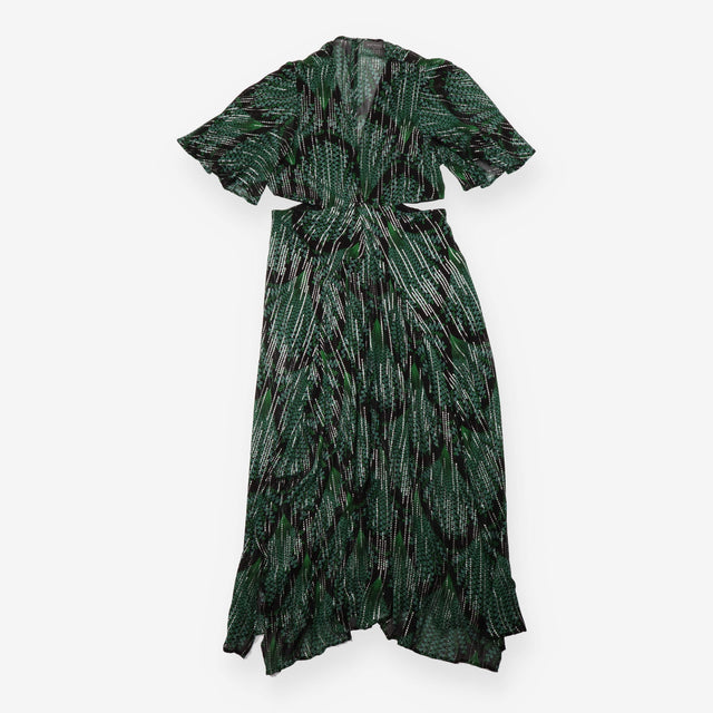Midi Dress Black Green Peacock Print Draped Waist