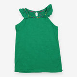Top sleeveless green with colourful pom trim 