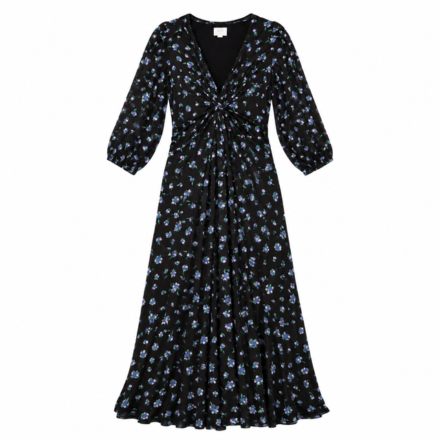 Dress Black Floral Maxi V-Neck Front Twist Long Sl