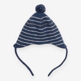 Hat knit blue stripe pom pom