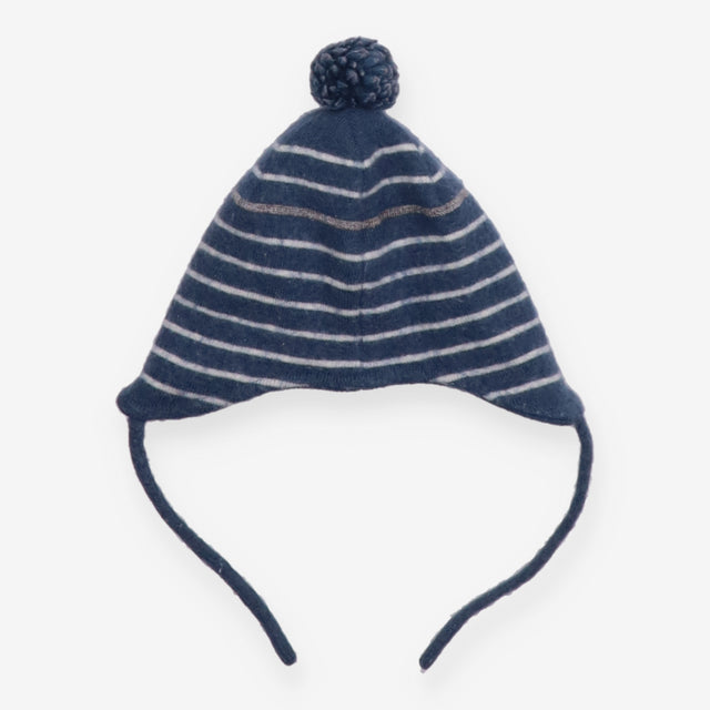 Hat knit blue stripe pom pom