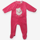 Pink velour sleepsuit with white fox