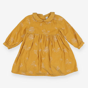 Yellow cord long sleeve dress with white flowers