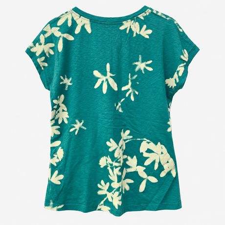 T-Shirt Teal Green Cream Floral Print Notch Neck S